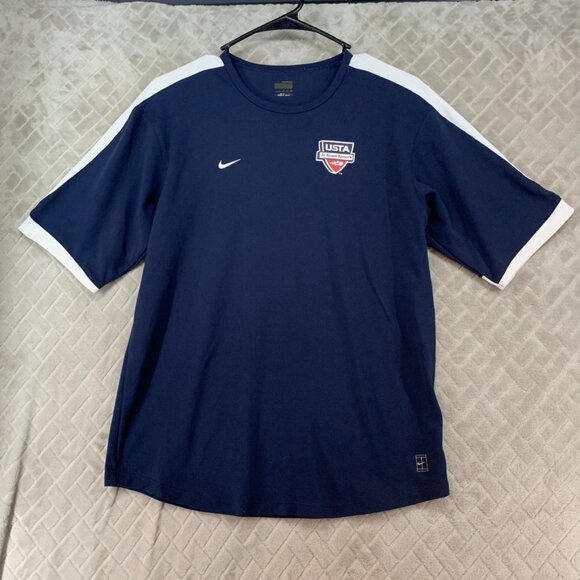 Nike Mens S Tennis Shirt Navy Blue USTA Jr Team Graphic Swoosh Logo Short Sleeve - Picture 1 of 13